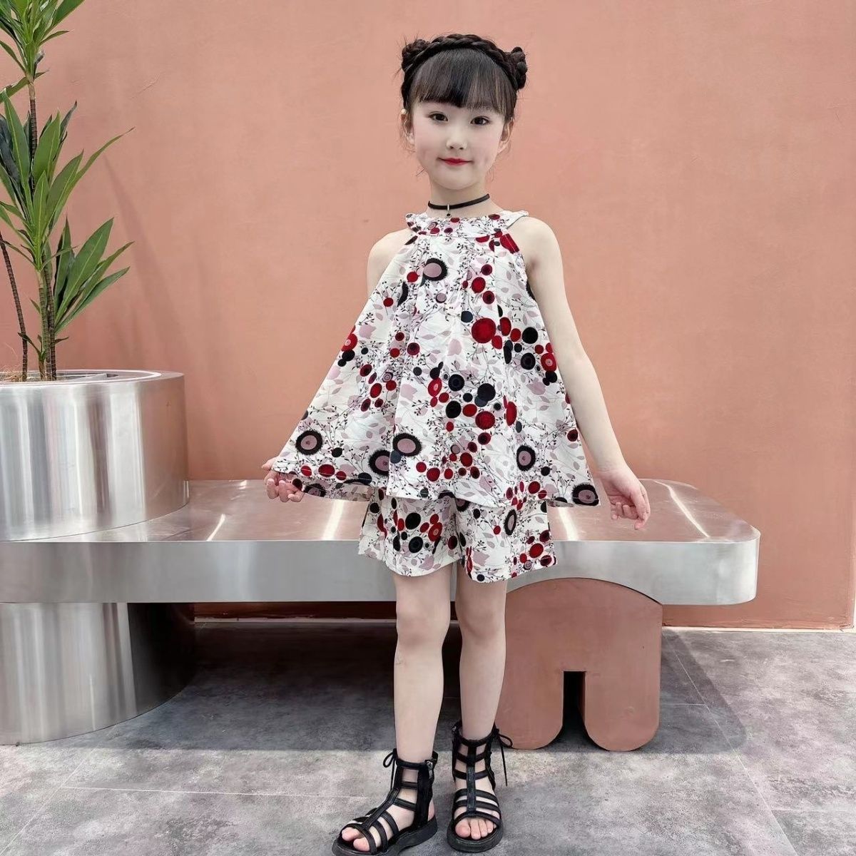 女童夏季波点挂脖套装新款童装洋气舒适时尚雪纺轻薄两件套