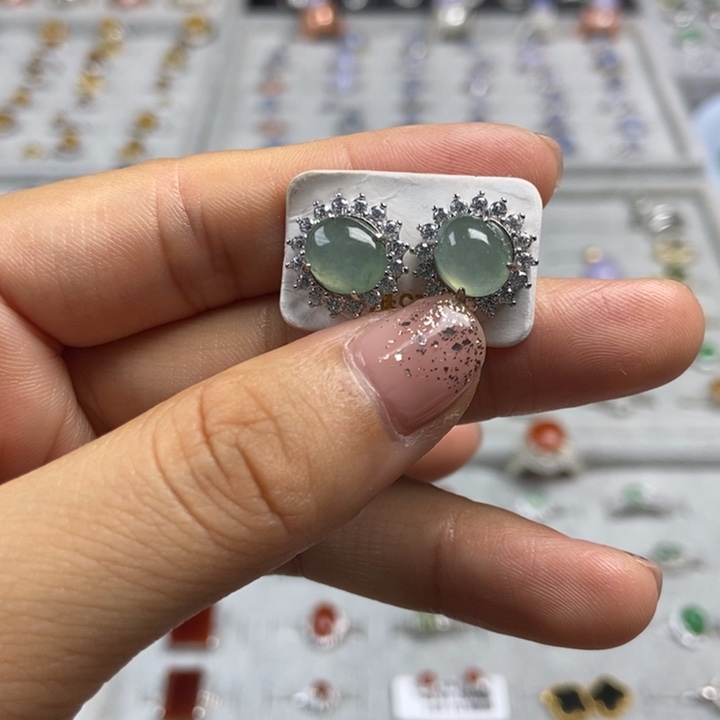 翡翠耳饰银S925镶嵌耳钉