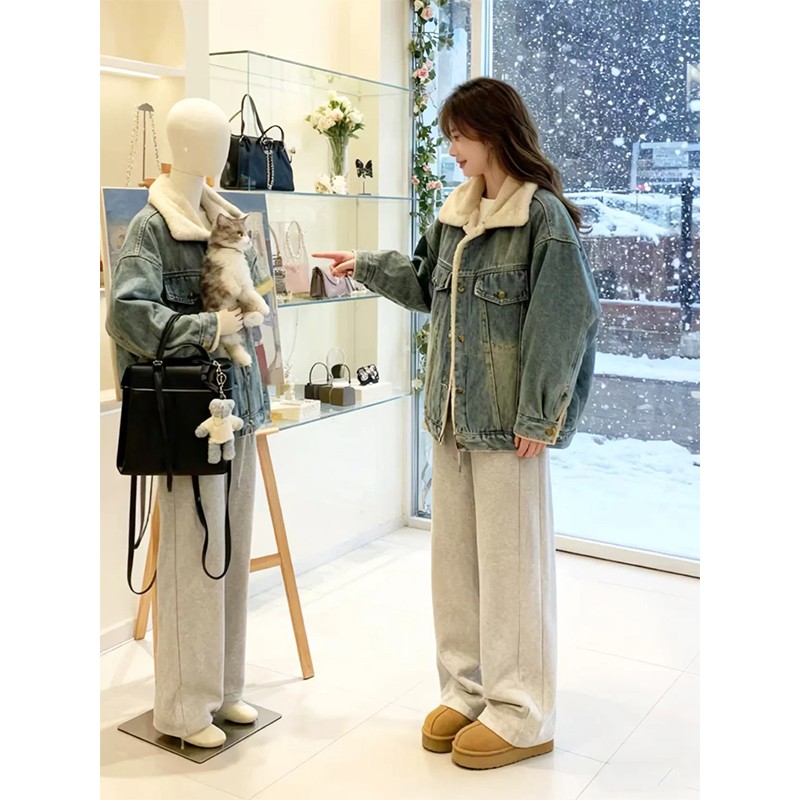 加绒加厚牛仔外套冬装新款2025韩版宽松棉衣休闲派克服夹克上衣