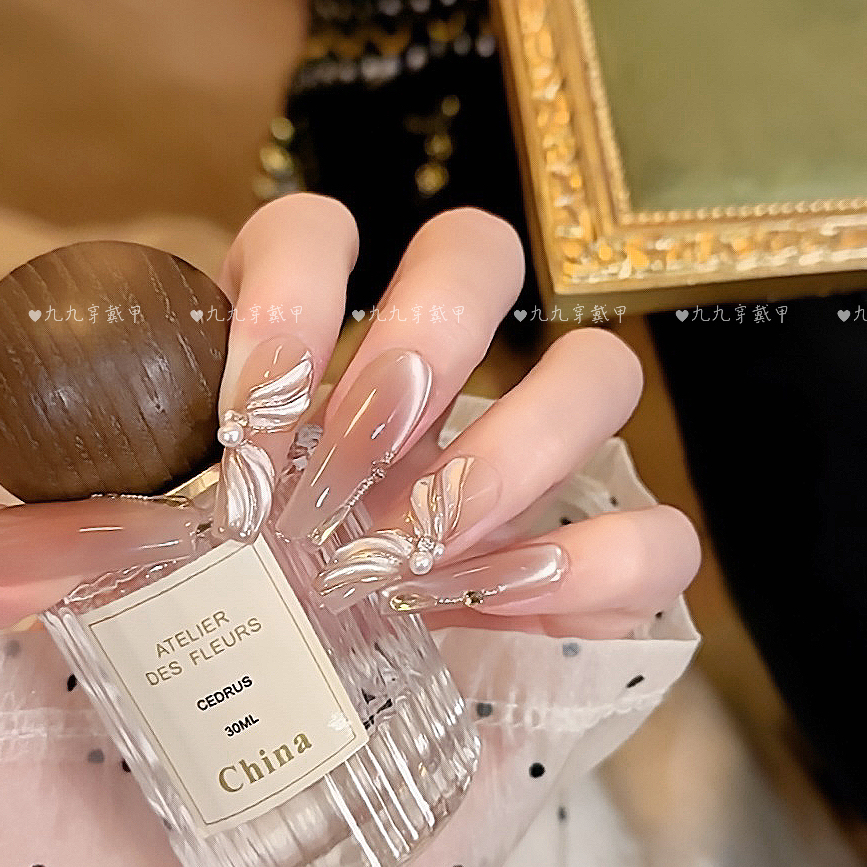 天使之翼 手工穿戴甲立体飘带腮红冰透显白光疗美甲可拆卸穿戴甲