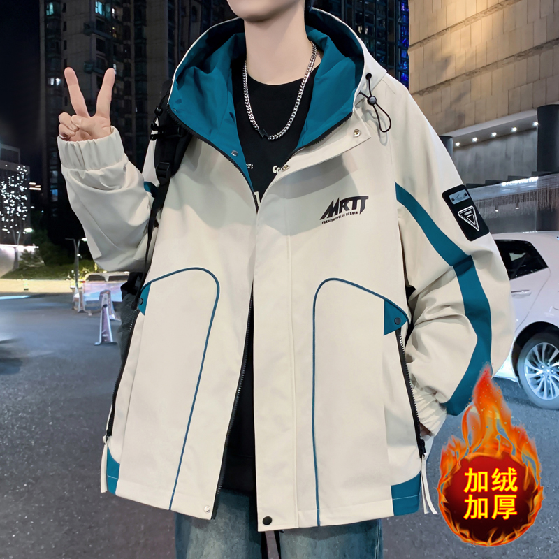 秋冬季款加绒加厚青少年外套男学生潮流帅气休闲夹克百搭工装男孩