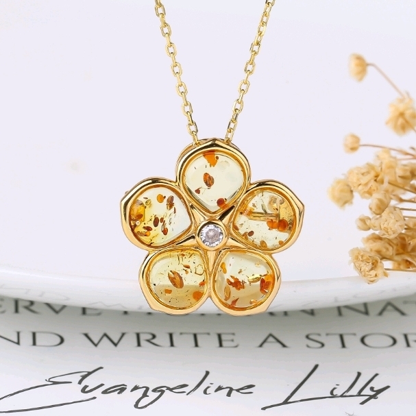 【Y】BD042612花珀花花银镶吊坠胸针