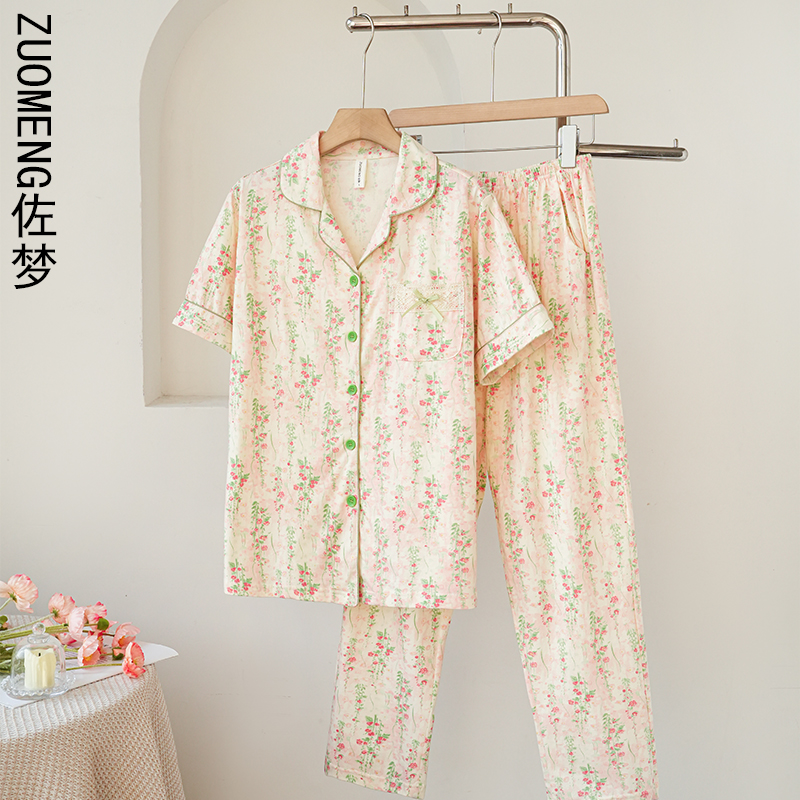 zuomeng/佐梦2025夏秋新款睡衣女短袖长裤格子可外穿家居服套装