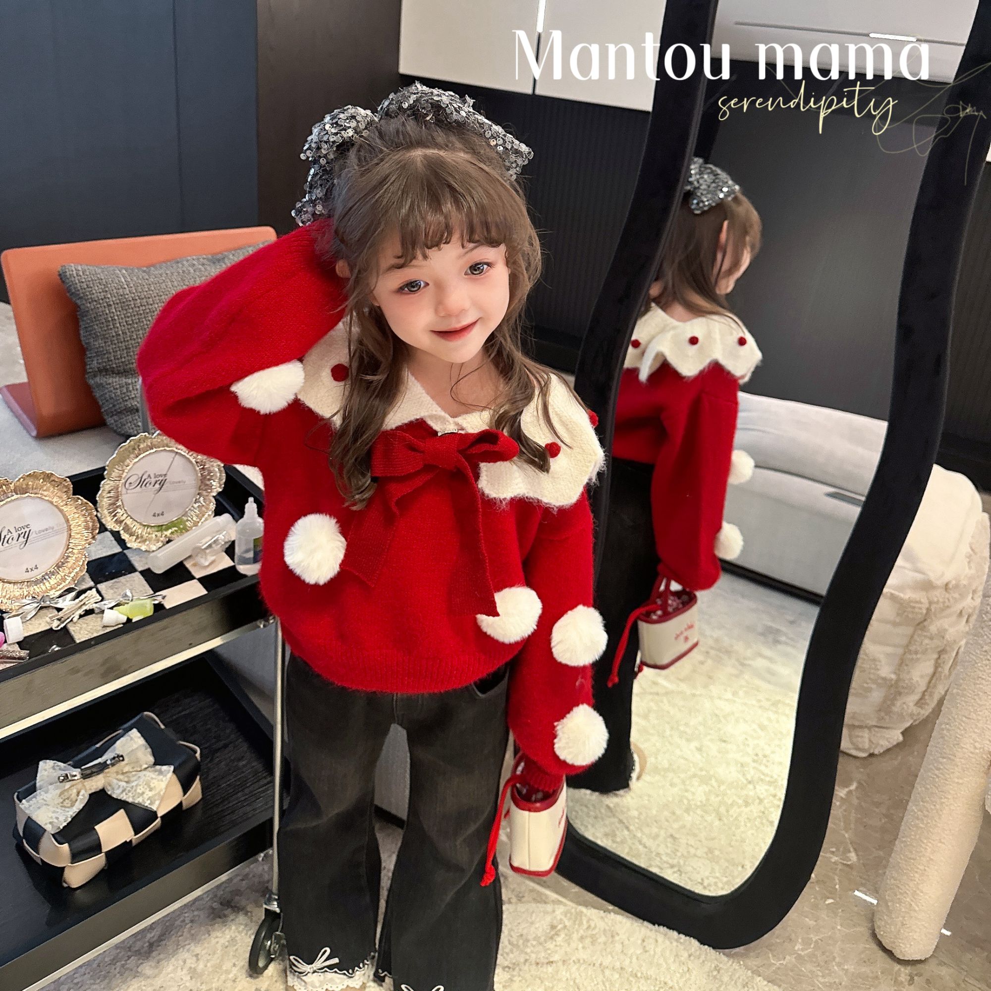 【Mt studio】K【现货】娃娃翻领立体毛球毛衣女童秋冬季百搭柔软保暖