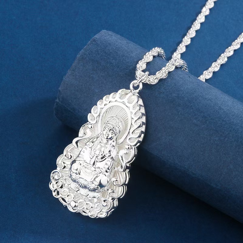 坠链均足银 香港白银新店开业足银999麻花项链观音牌原厂直发包邮