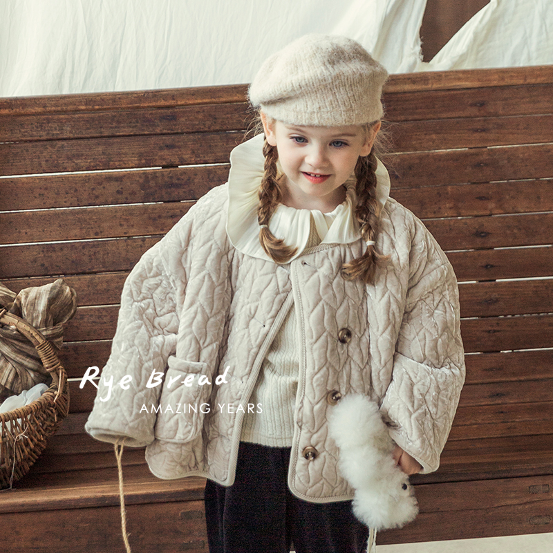 ryebread/黑面包童装 韩系加绒洋气纽扣女小童保暖棉服4冬