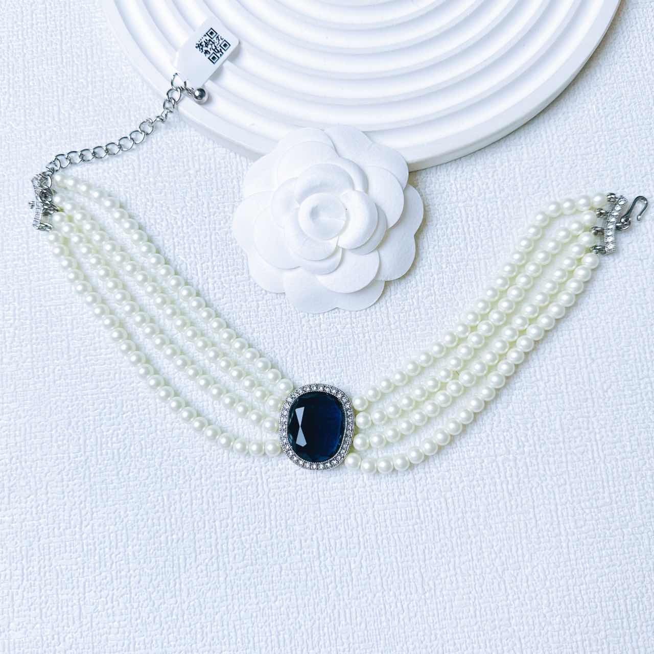 合金合成锆石项链 柚礼中古/KJL蓝色三层白珠项链LL511004