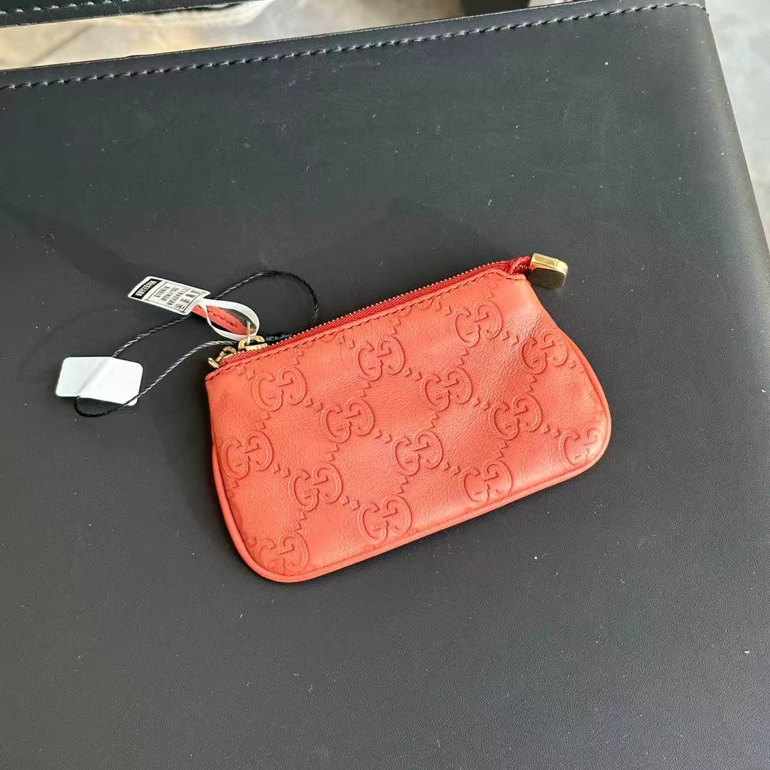 95新 GUCCI/古驰 橘红色全皮压纹零钱包