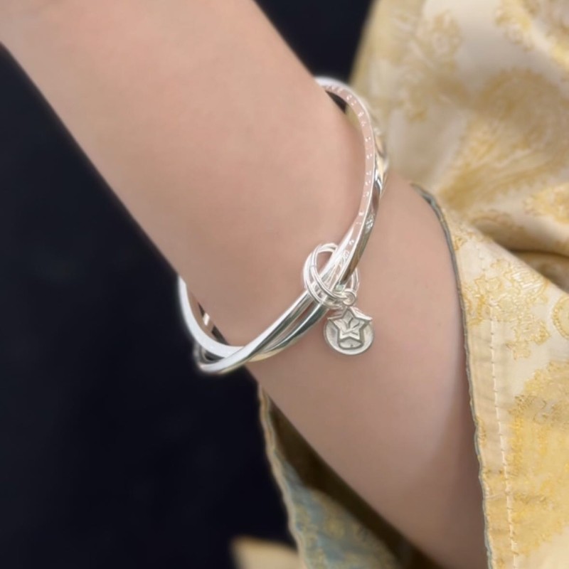 足银手镯 足银60号【兔子双环】足银999手镯实心闭口22g实心