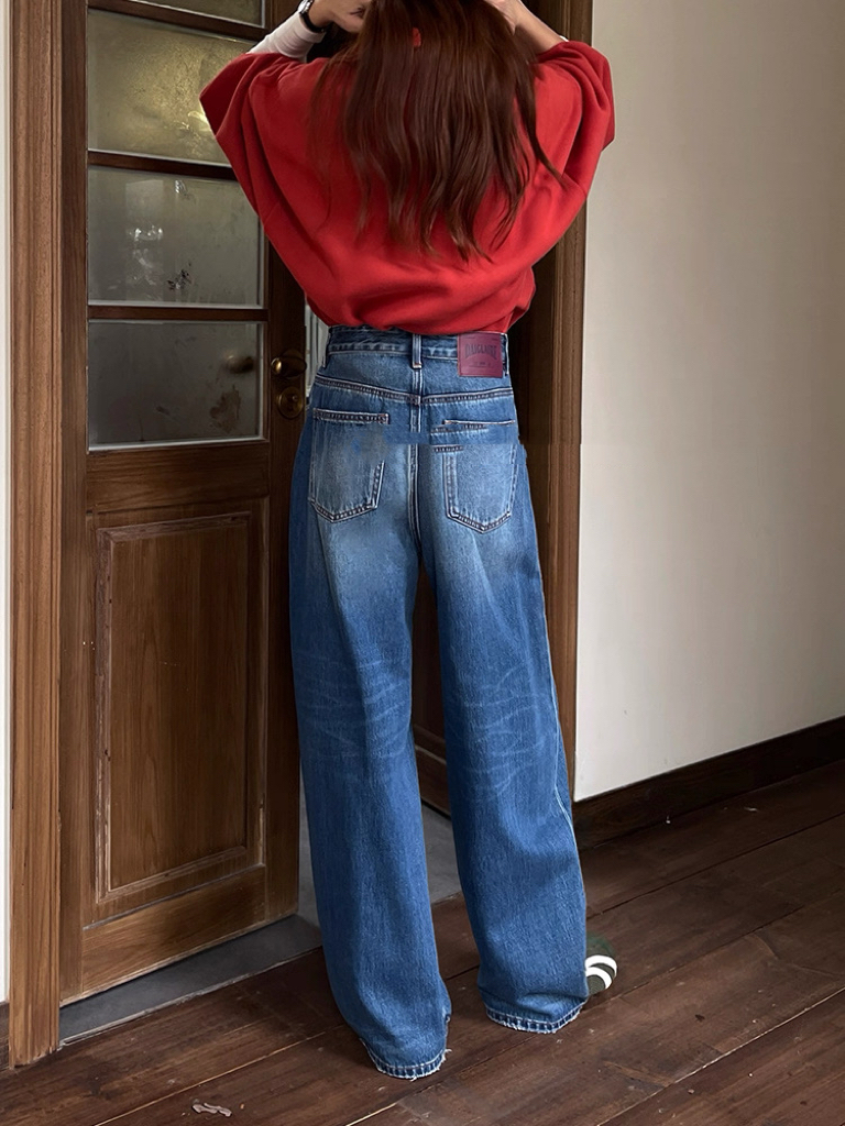 SU【610-1】代A9 愫杰  冬款阔腿裤蓝色磨毛高腰宽松无弹弯刀裤