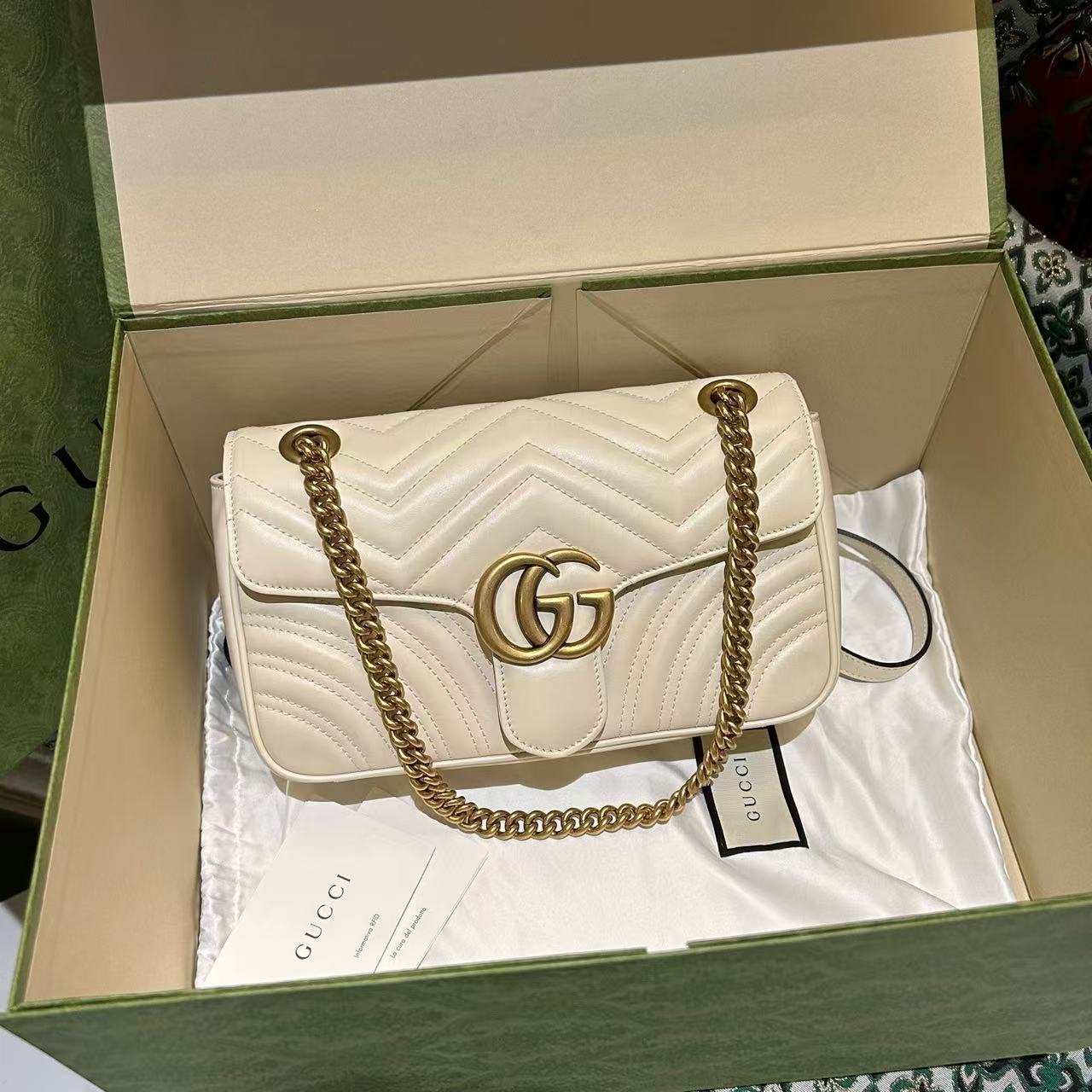99新 GUCCI/古驰 奶昔白marmont26链条包