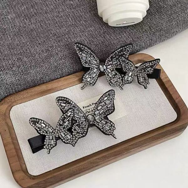 轻奢重工水钻蝴蝶发夹前额刘海侧边夹黑色时尚温柔气质对夹碎发卡