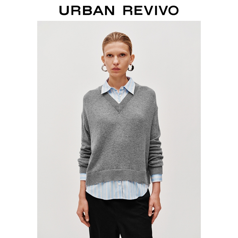 UR2025秋季新款女装气质假两件拼接撞色条纹针织衫UWM950100+