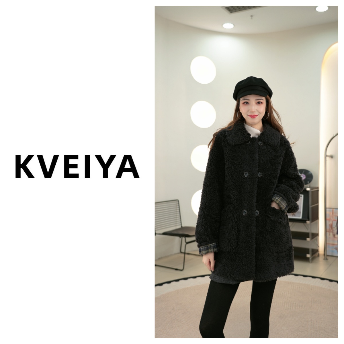 冬季海宁新款100羊毛颗粒绒翻领中长款领女装短外套休闲百搭