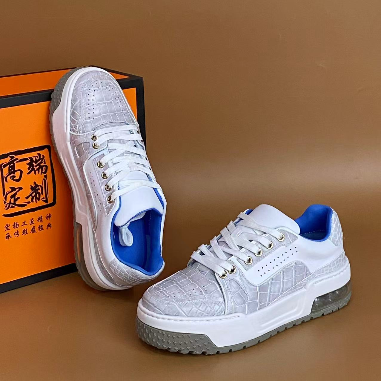 高端鳄鱼皮时尚休闲厚底板鞋运动男鞋灰色