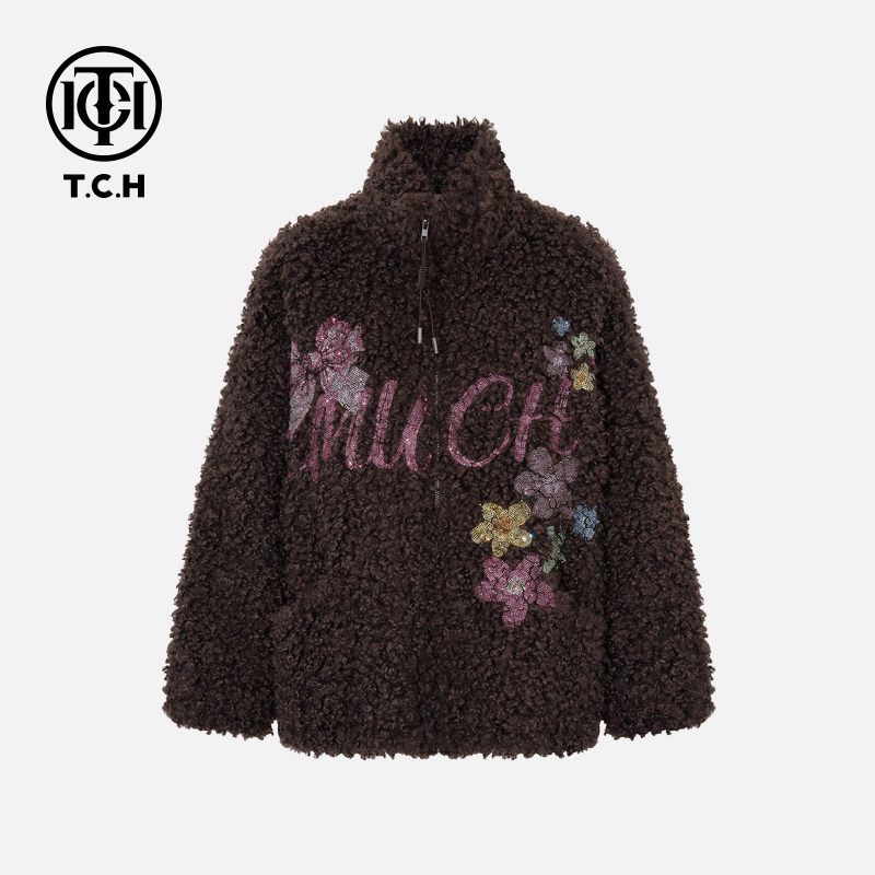 TCH【仿羊羔绒】冬款保温时尚烫钻淑女气质咖色外套T75D27E5001