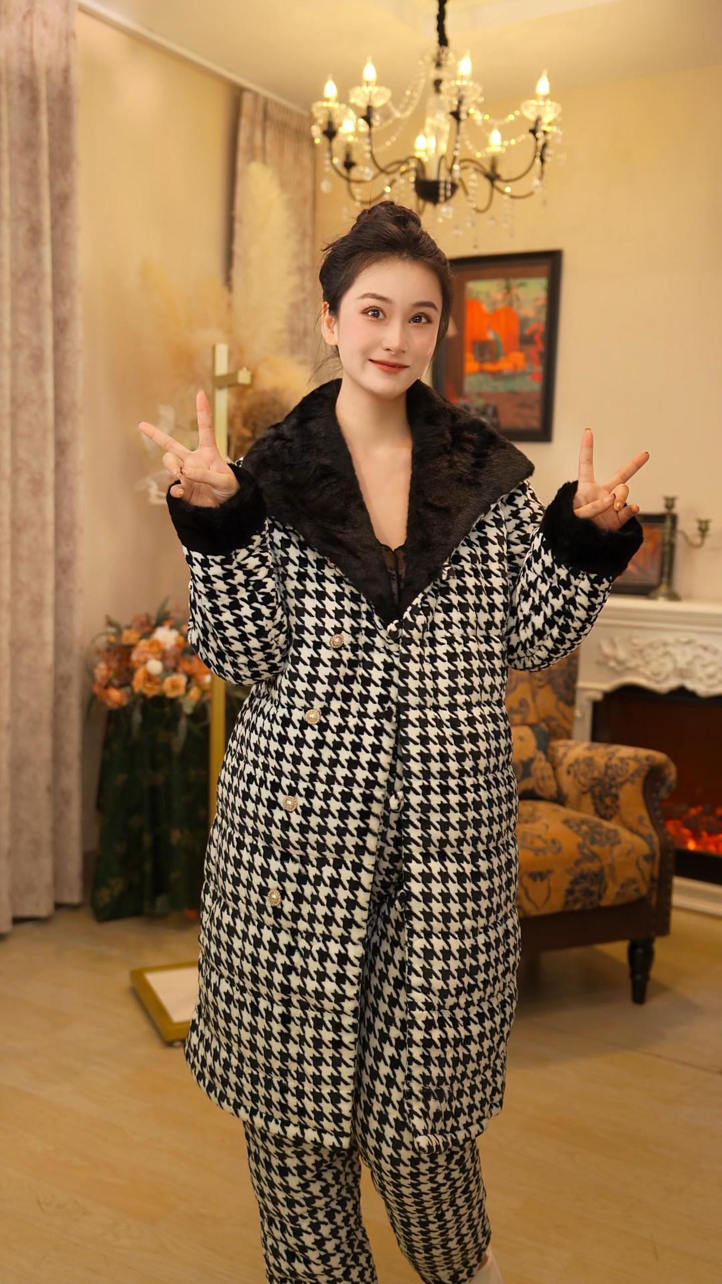【黑千鸟格●长款】25秋冬新款加厚保暖时尚气质家居服套装睡衣5087