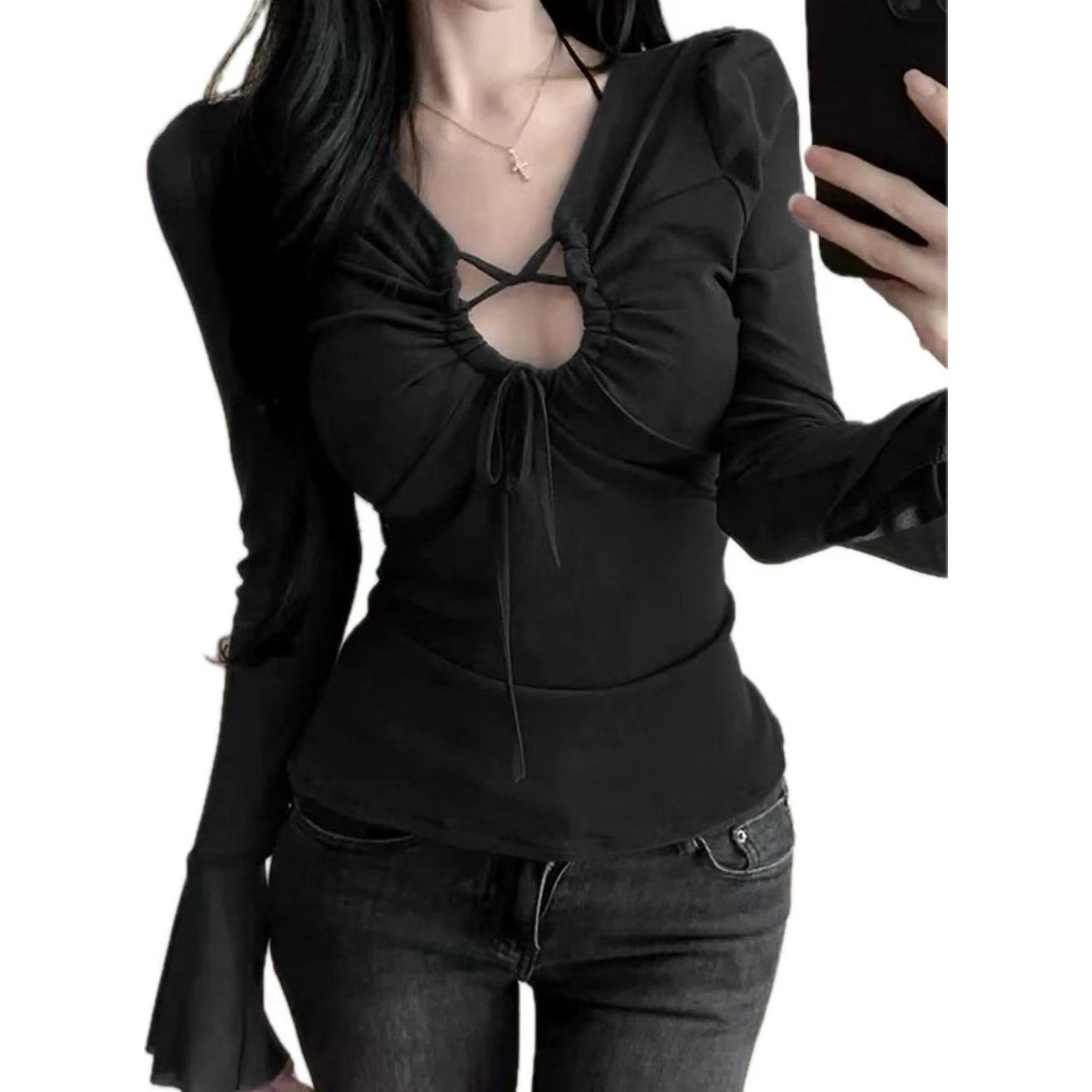 （ 小酥肉）镂空绑带长袖t恤女性感修身显瘦打底衫上衣25118