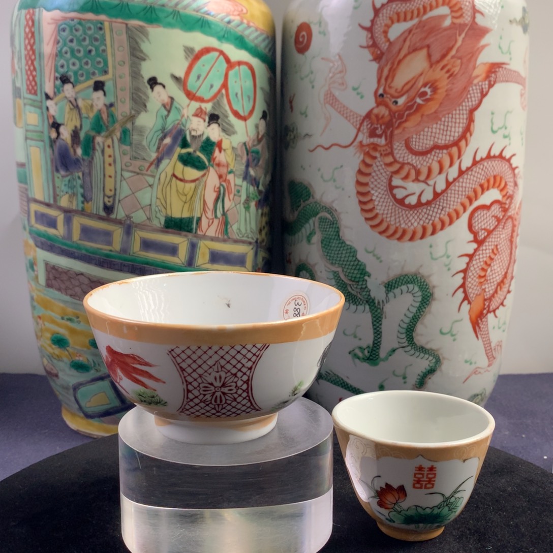 陶碗3881瓷器—粉彩鱼藻纹碗和杯子
