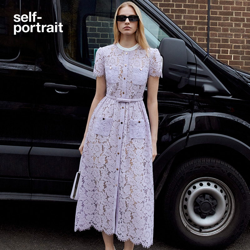 self-portrait 2025早秋新款丁香紫帕斯蒂尔圆领收腰蕾丝连衣裙