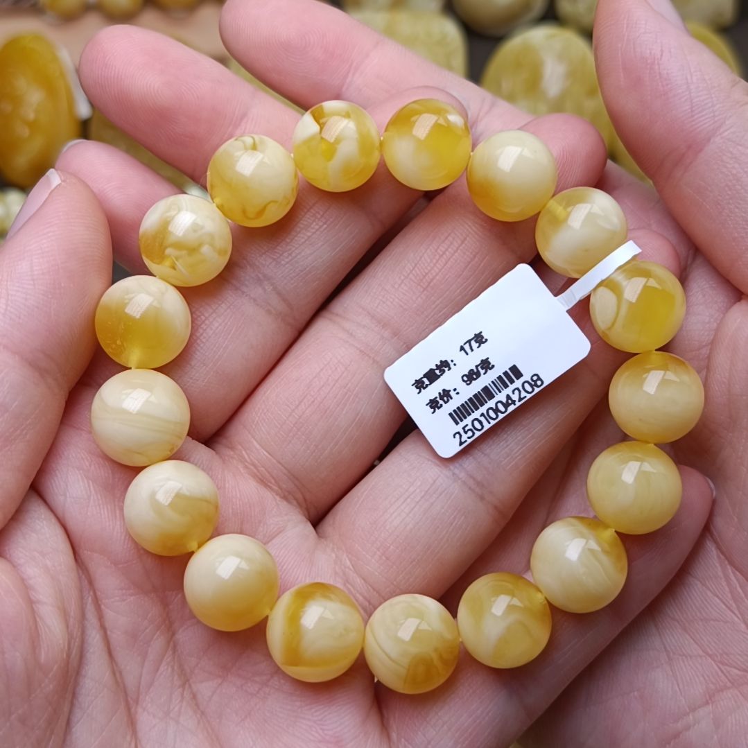 蜜蜡手链未镶嵌12圆珠金白溶洞妖花