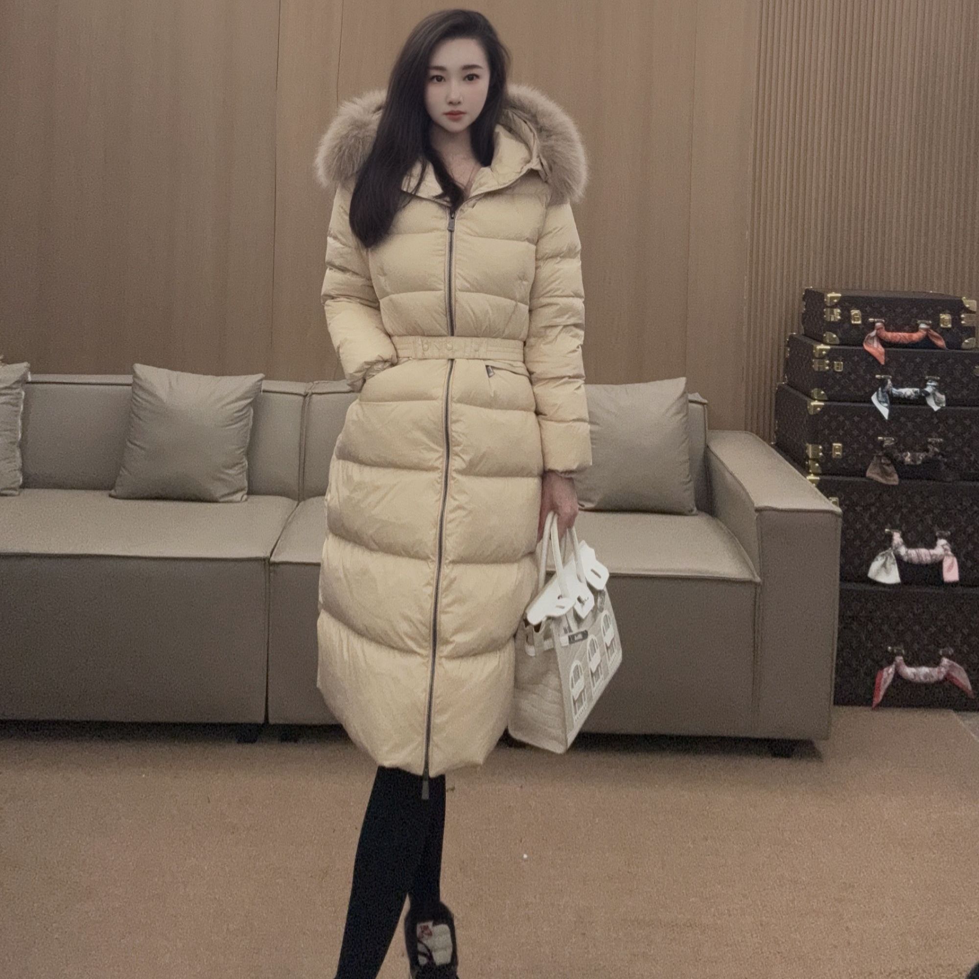 长款狐狸毛90白鸭绒 设计师款收腰羽绒服冬季时尚保暖秋冬女士