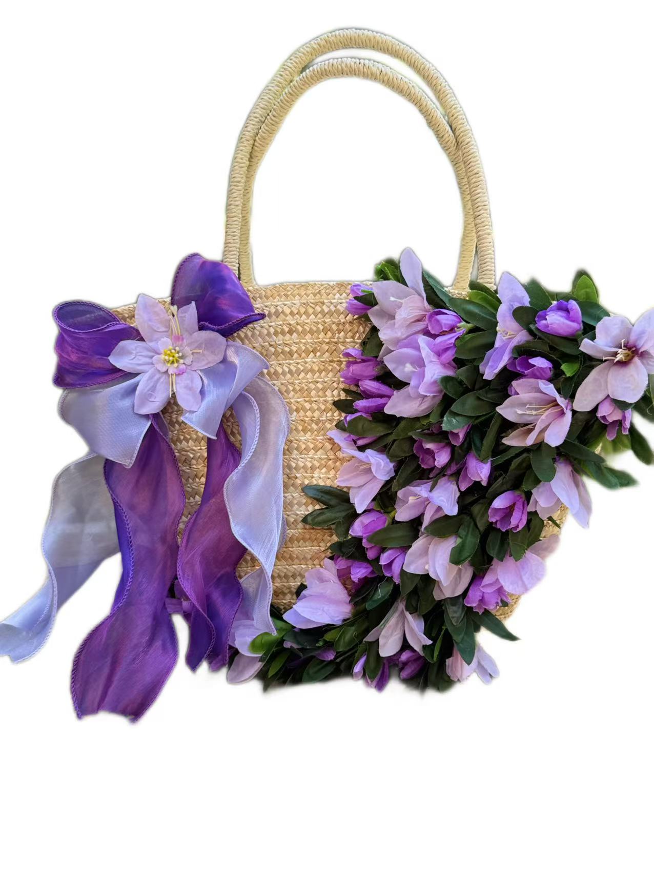 夏款拍照旅游度假花朵玉兰花手提草包