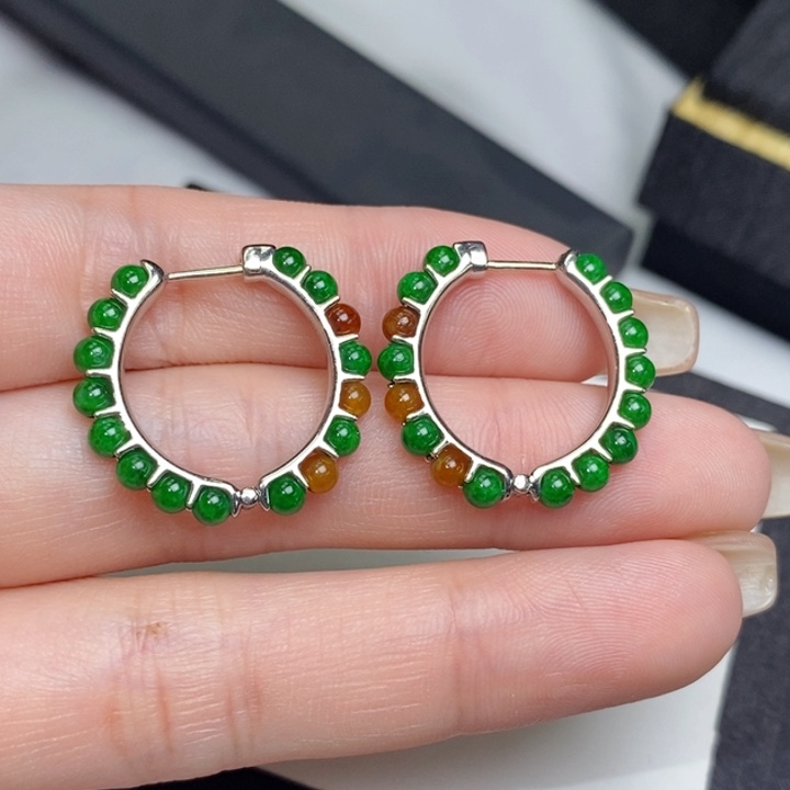 翡翠18K金镶嵌耳饰小米珠