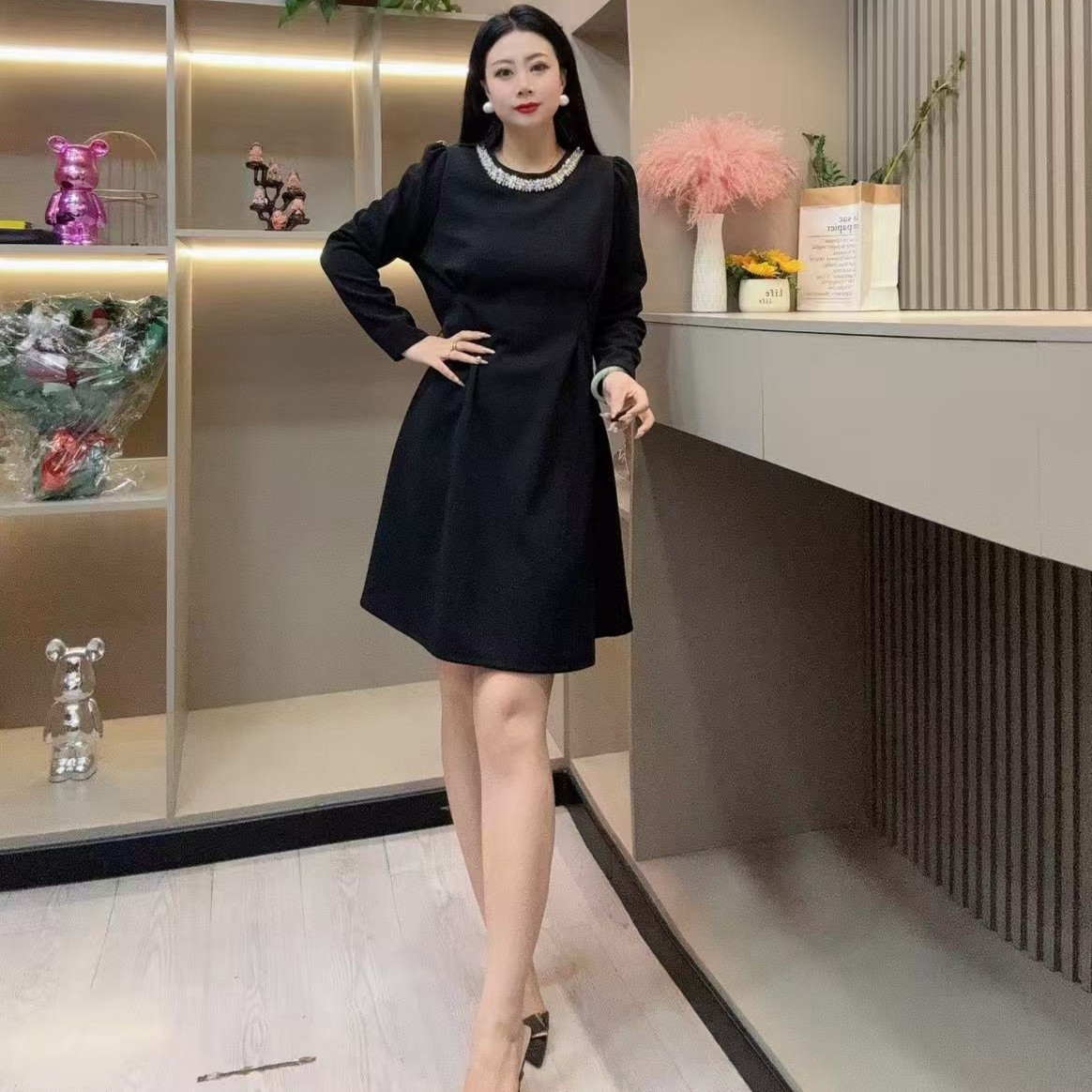 冬季连衣裙-娃 9506亮闪环领收腰显瘦气质设计胖MM大码女装新款