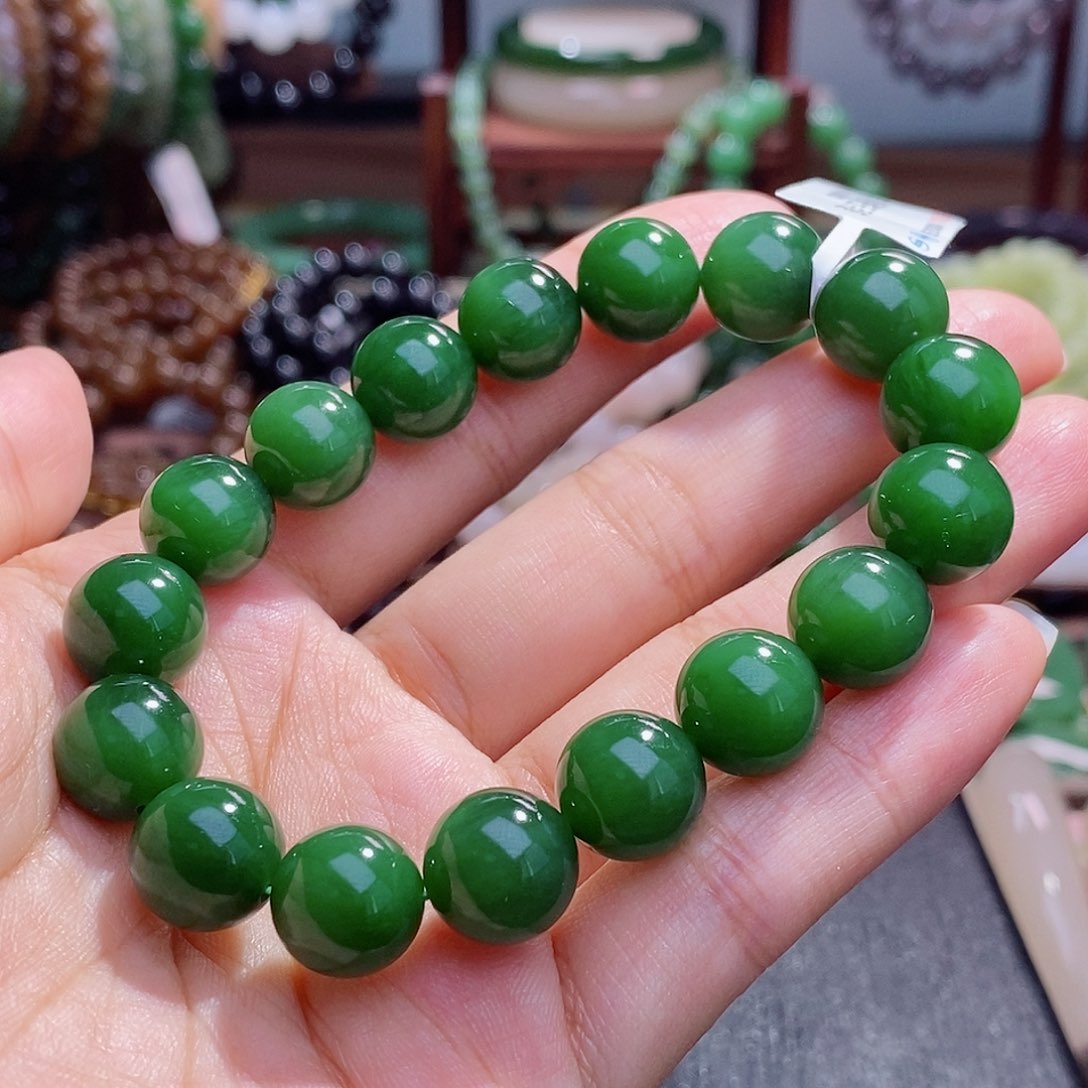 和田玉未镶嵌颈饰毕业级老坑料碧玉菠菜绿手链12m