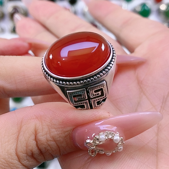 银S925镶嵌戒指玛瑙/玉髓宏*