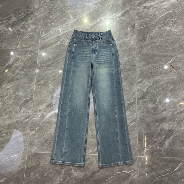 90877秋季新款阔腿牛仔裤女窄版复古宽松显高显瘦气质百搭蓝色