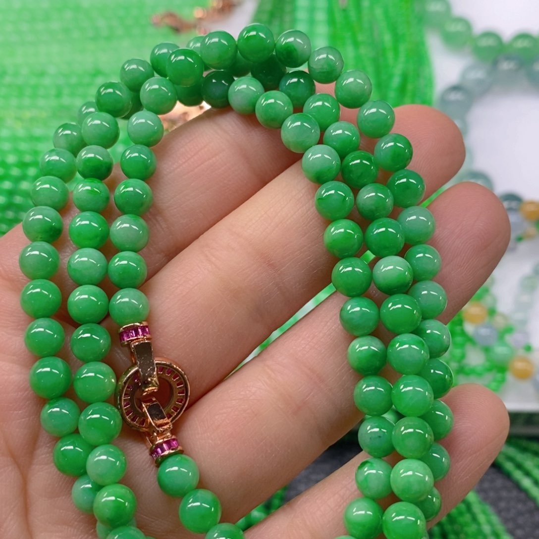 翡翠颈饰未镶嵌阳绿圆珠项链6m' m