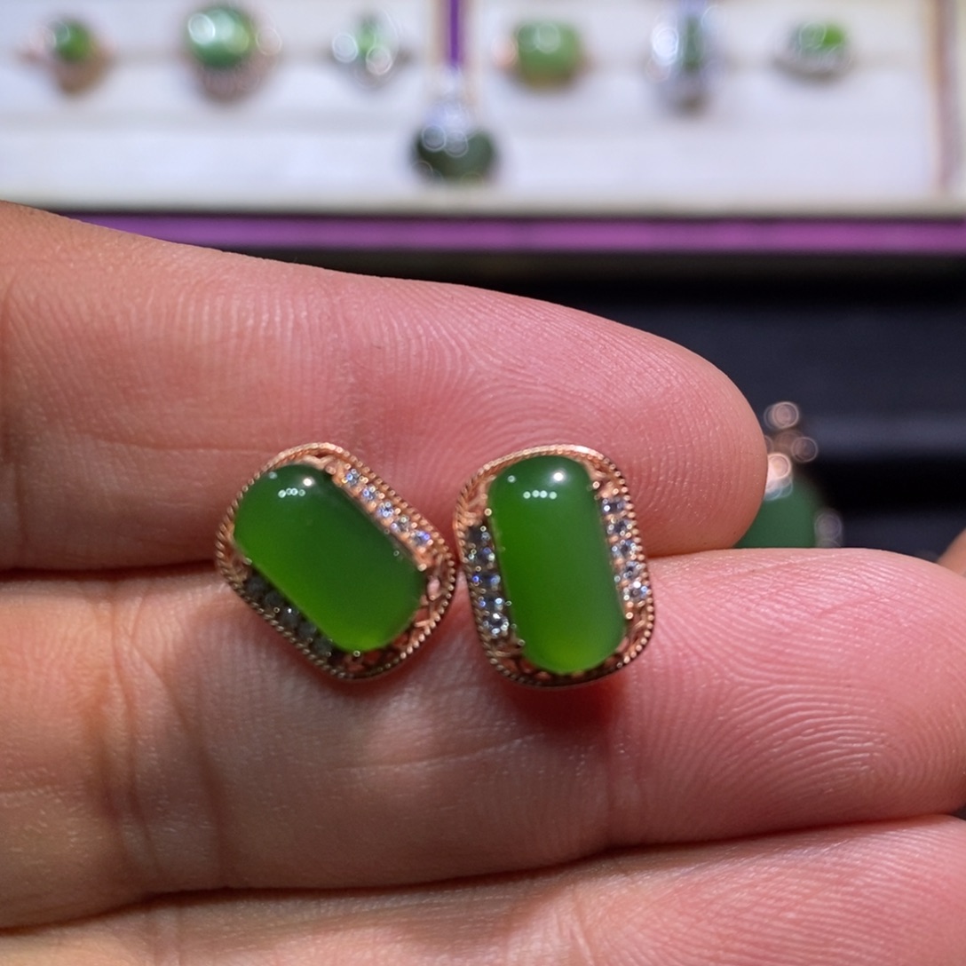 和田玉（碧玉）银S925镶嵌耳饰