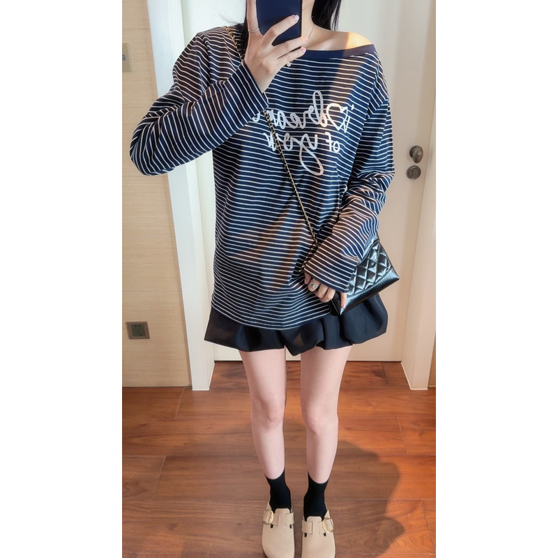 【张静芝】韩国新品~简约撞色条纹洋气字母印花早秋女生长袖T恤
