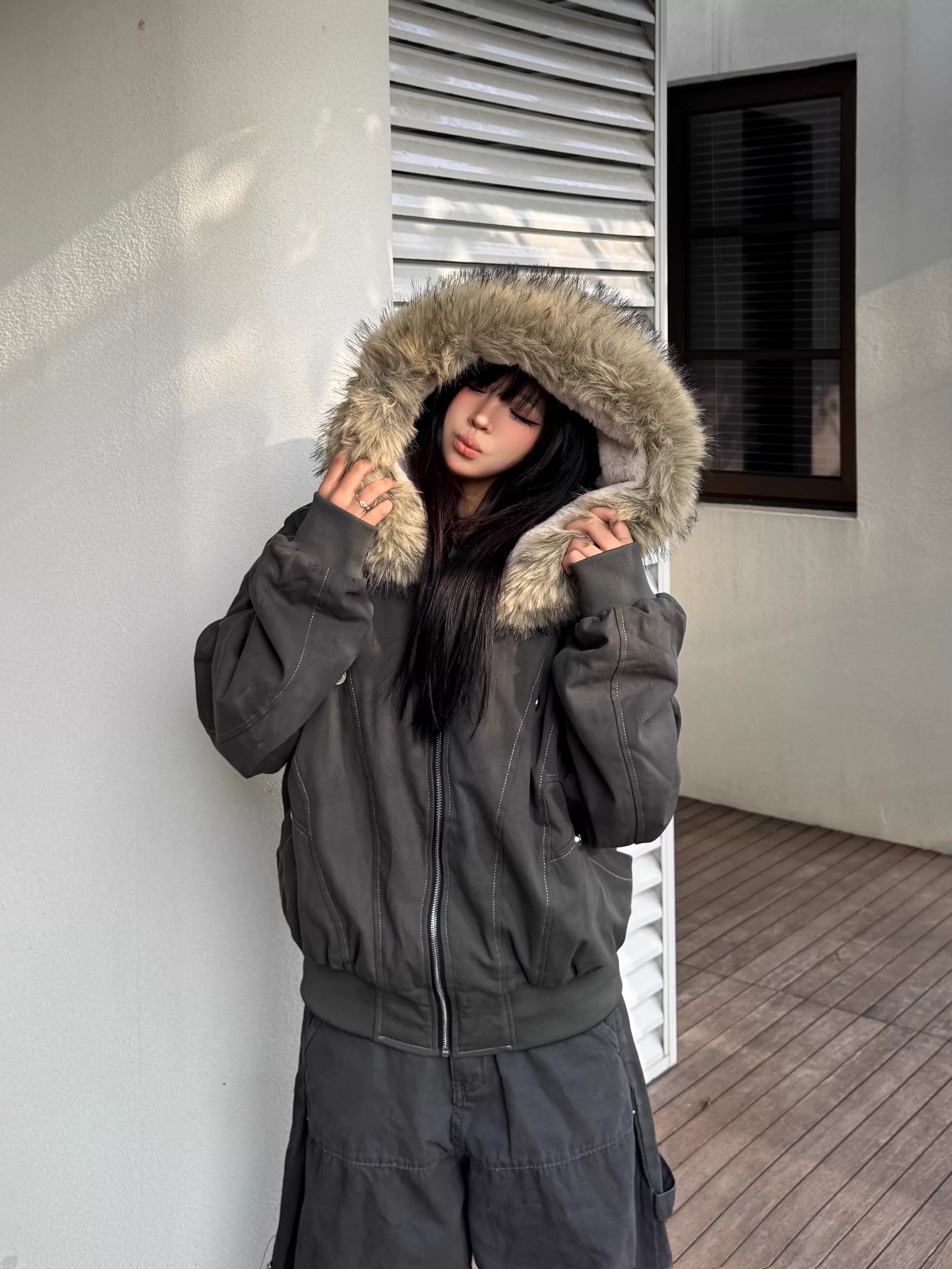 美式复古座山雕连帽派克服短款2025秋冬小众连帽毛领休闲宽松棉服