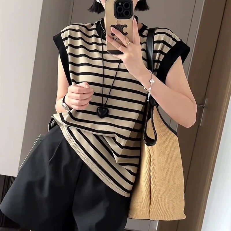 MISS RUILI  定制2025夏季新款圆领拼色条纹短袖T恤显瘦上衣F0690