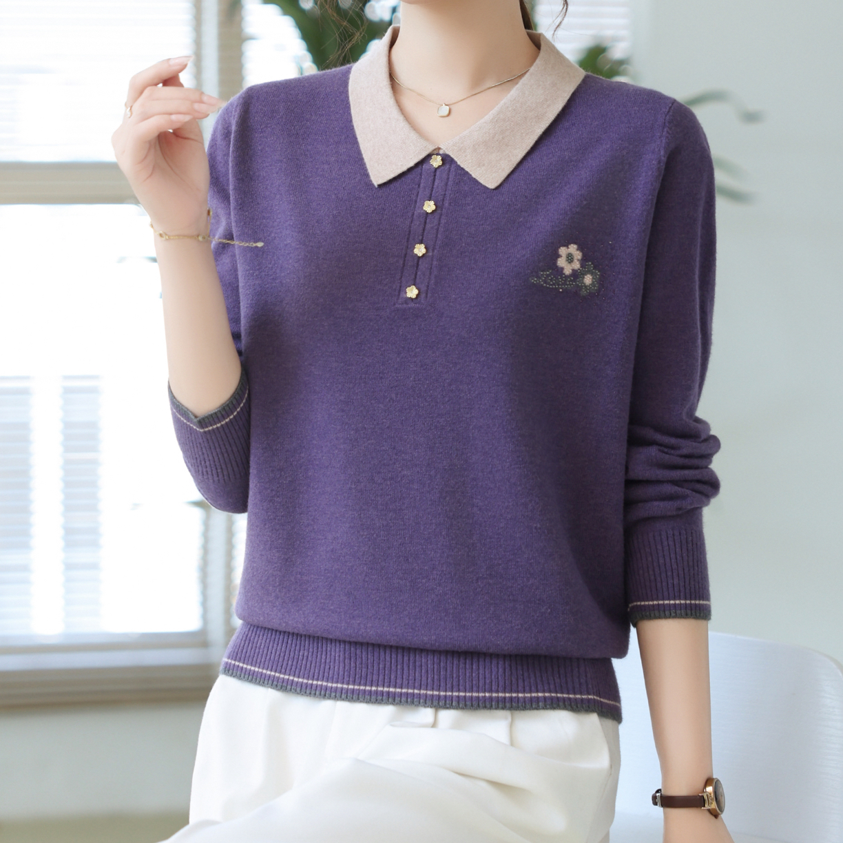 【KLJA严选】中老年女装套头拼色翻领毛衣烫钻洋气减龄妈妈装