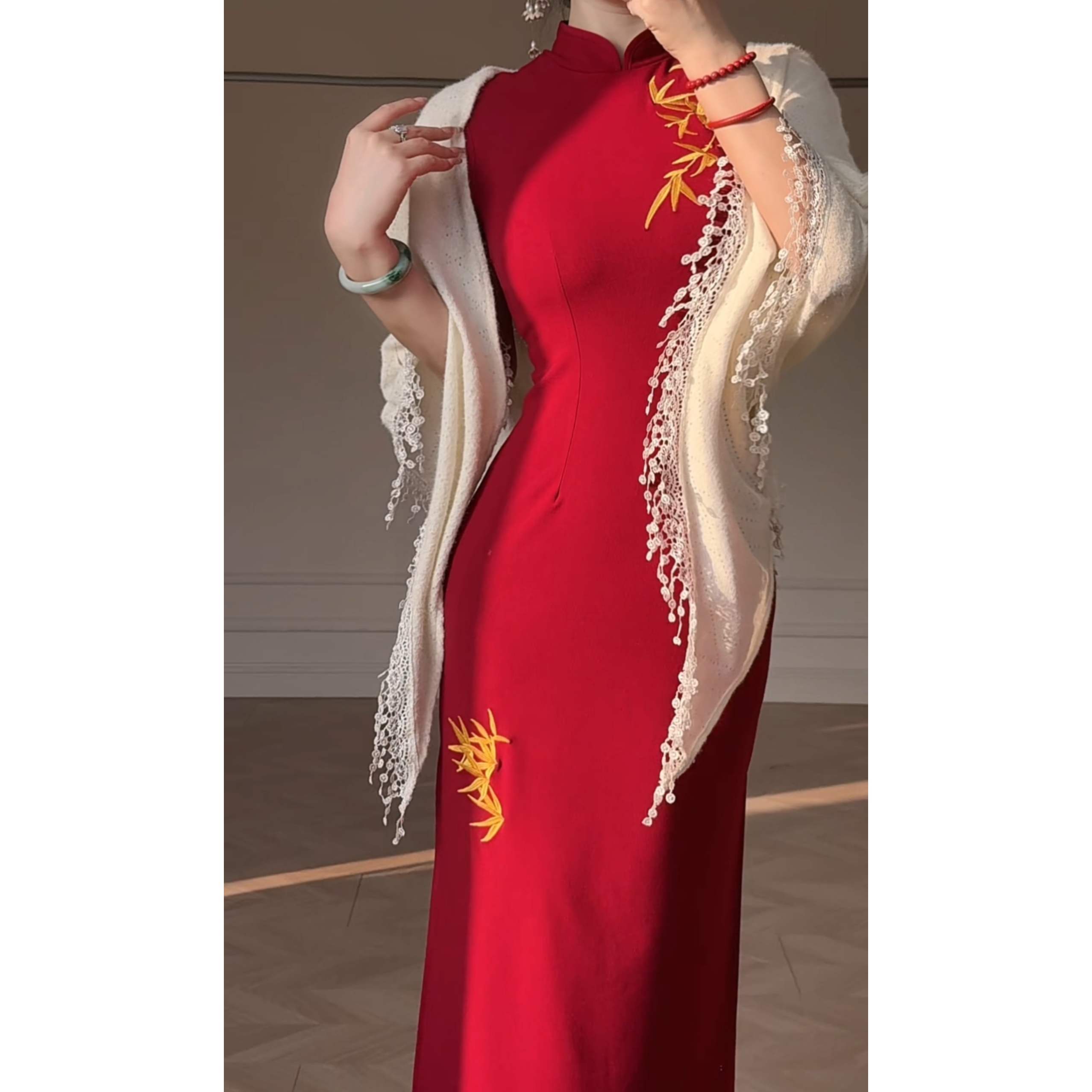 肆意【金竹无袖红色】刺绣无袖针织显瘦红色订婚结婚修身夏款中式