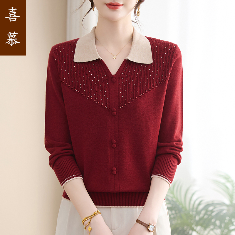 中年妈妈秋装针织小衫2025新款薄款T恤洋气上衣服中老年人女打底
