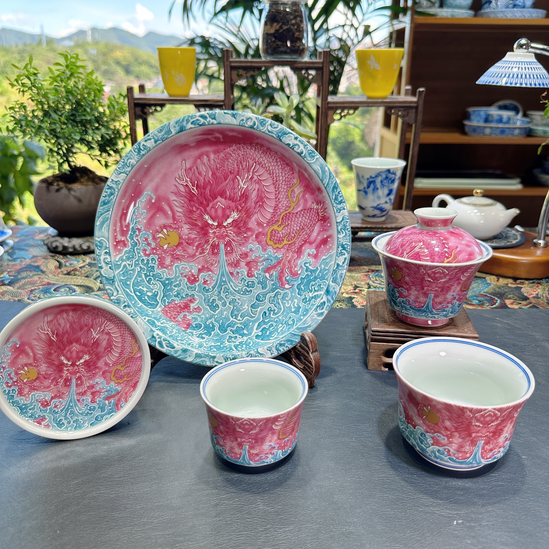 景德镇粉彩宝石红龙吸水圆盘套装高温手工复古家用茶具四件套简装