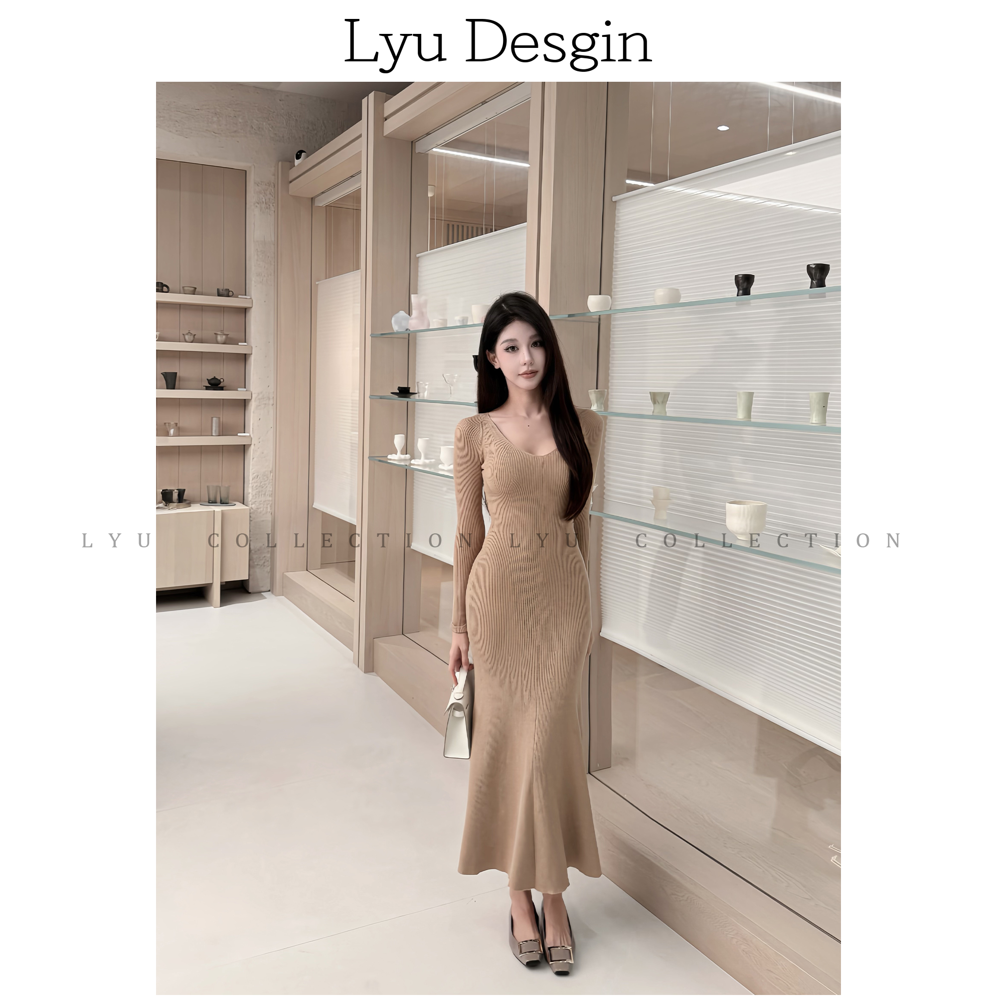【LYU律律】气质修身V领针织显瘦鱼尾长裙L143