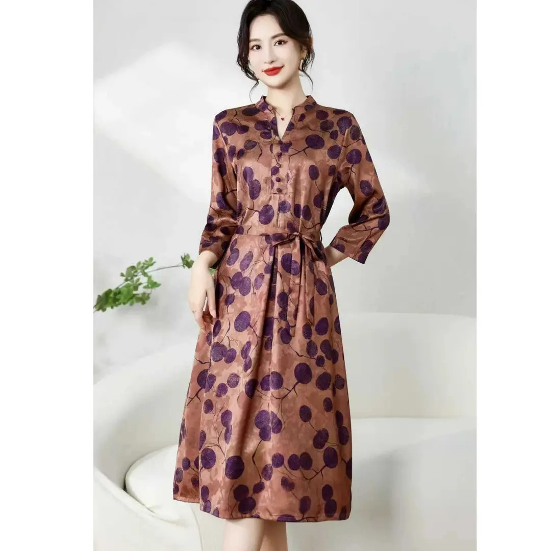 【紫色大波点】新中式国风秋装新款九分袖连衣裙高贵复古长裙
