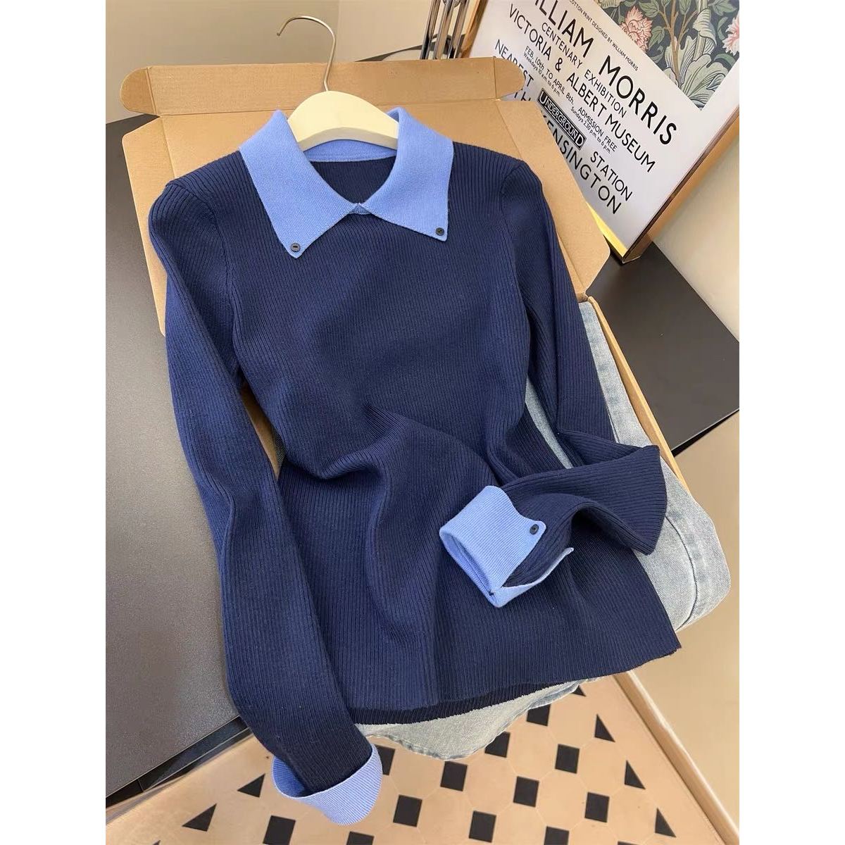 【纽扣翻领撞色针织衫】冬日心动百搭休闲修身翻领设计针织衫668