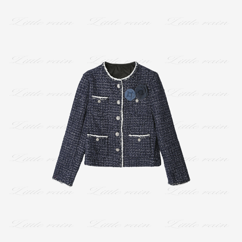 小雨姐姐【蓝香织羽】蓝色亮丝粗花呢配花朵胸针短款加绒外套女冬季