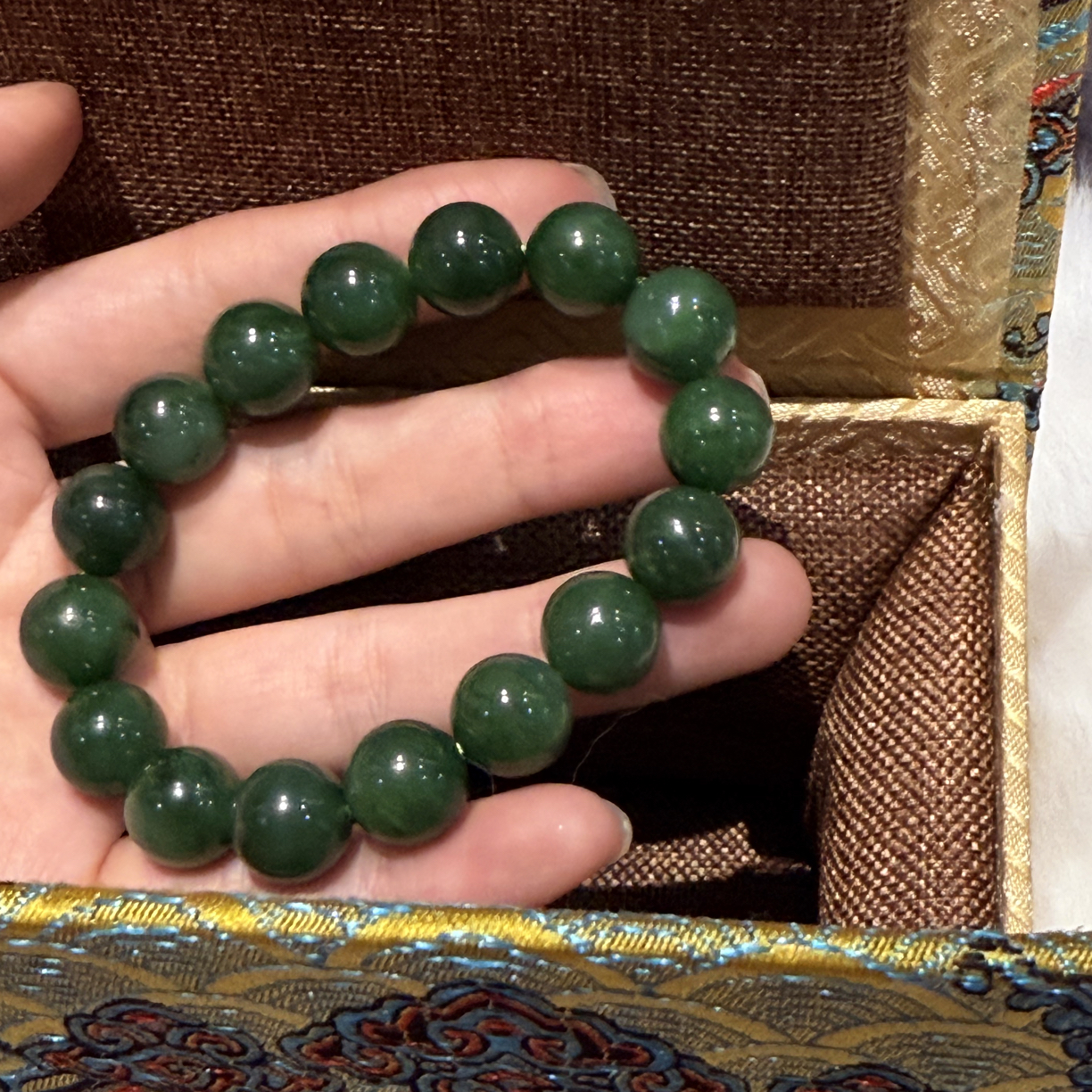 和田碧玉 圆珠手串12mm菠菜绿男女款