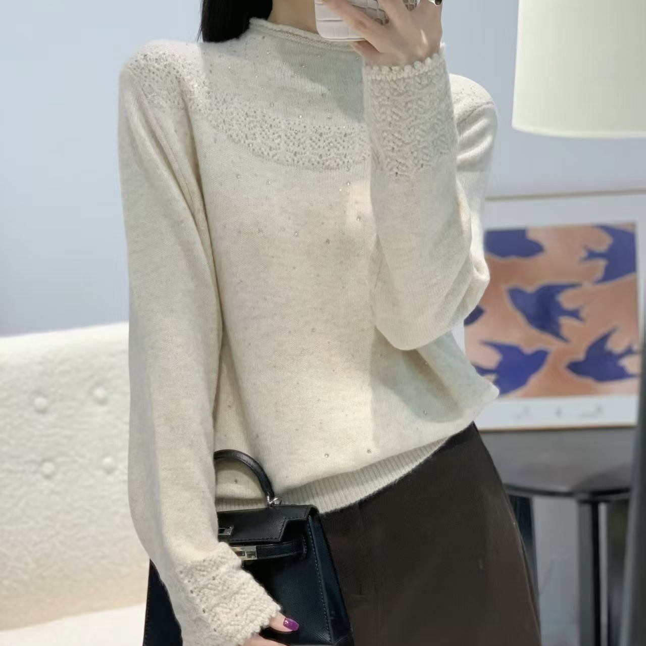 加厚保暖钩花纯色烫钻半高领2025冬季针织衫打底衫女款毛衣