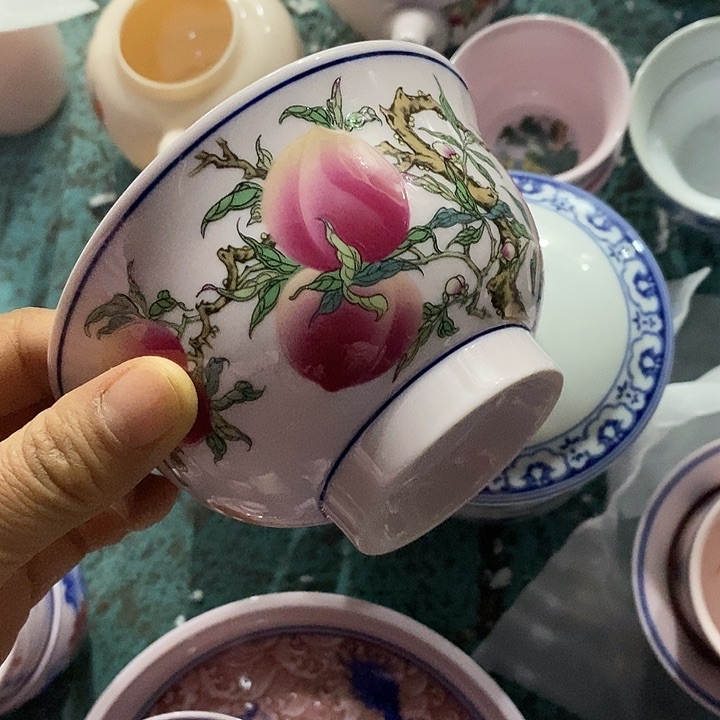 摆件陶4.5寸红稀土寿桃碗