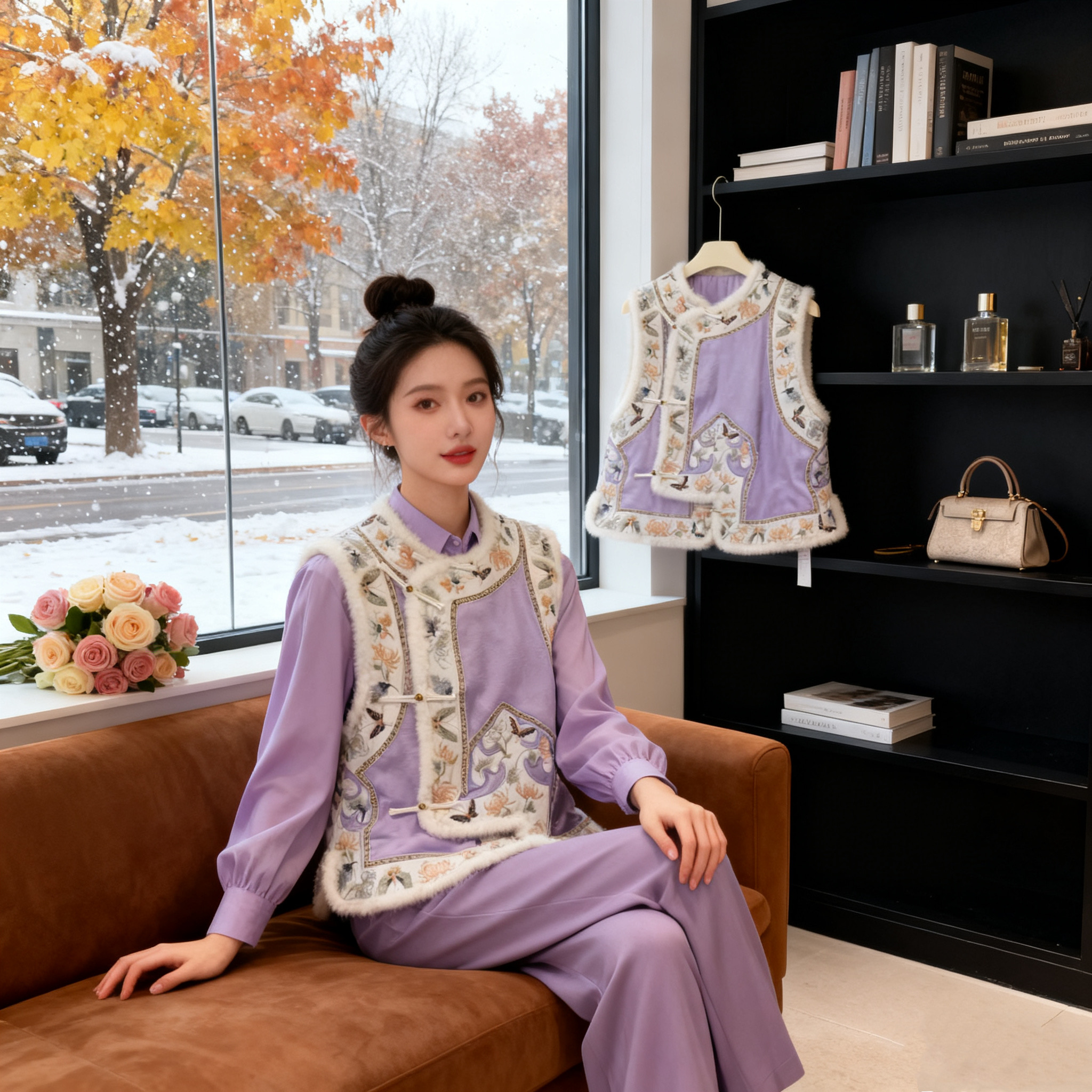 新中式国风盘扣斜襟加厚冬季如意刺绣坎肩马甲-520108