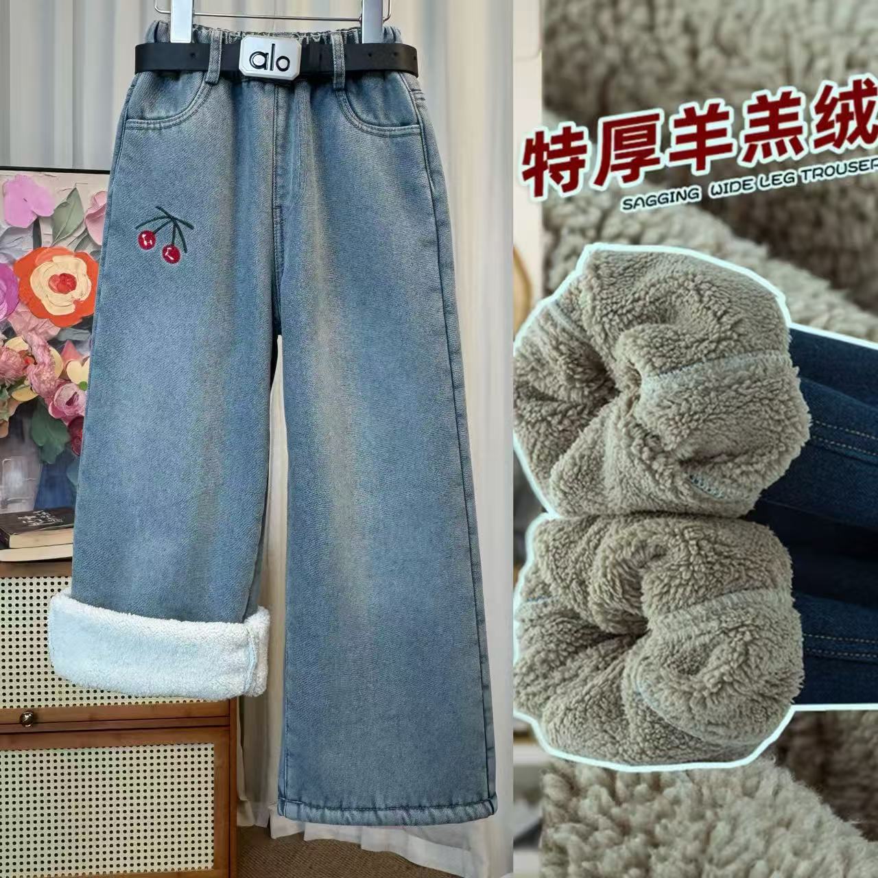 加绒中腰牛仔裤女冬季长裤中大童童装直筒特厚宽松阔腿牛仔裤2